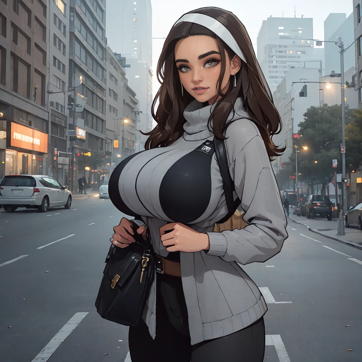 Extremely  thin and toned brunette photographer, college girl, fair skin, loose side sweep, soft face, athletic, bandana babushka headwrap, long oversized tight grey long-sleeve (pullover) top, black leggings. standing in front of her apartment building, outdoors, city, camera bag, 