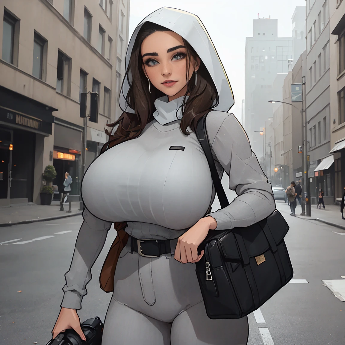 Extremely busty thin and toned brunette photographer, college girl, fair skin, loose side sweep, soft face, athletic, bandana babushka headwrap, long oversized tight grey long-sleeve (pullover) top, black leggings. standing in front of her apartment building, outdoors, city, camera bag,