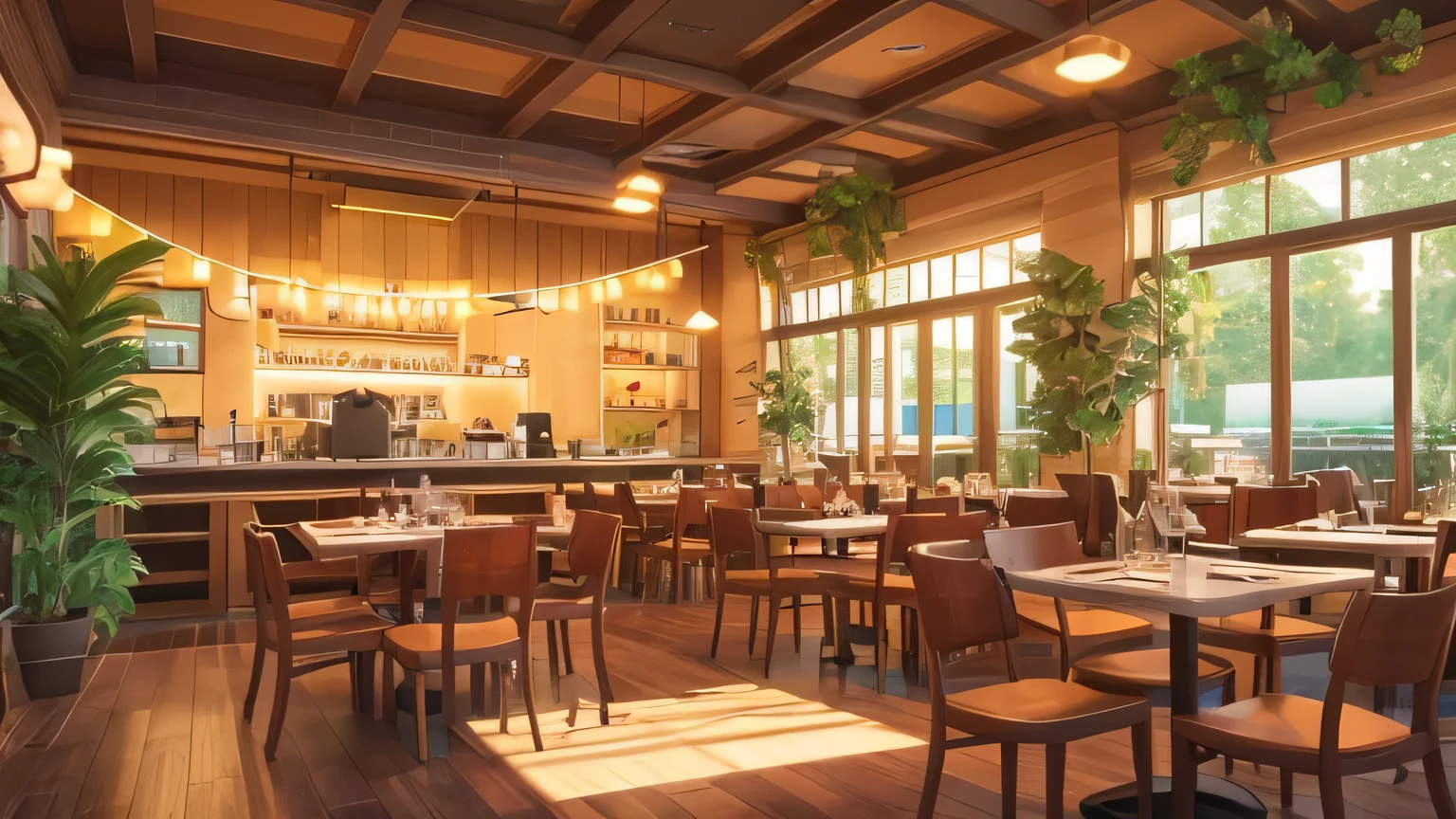 Here is a picture of a restaurant with lots of tables and chairs., cozy Cafe background, Studio Greeble Makoto Shinkai, pleasant Cozy atmosphere, Cafe interior, makoto shinkai'style, Anime Background Art, ( ( makoto shinkai ) ), makoto shinkai. —h 2160, Cozy atmosphere, Cafe, Sunny atmosphere, The pleasant atmosphere of early morning