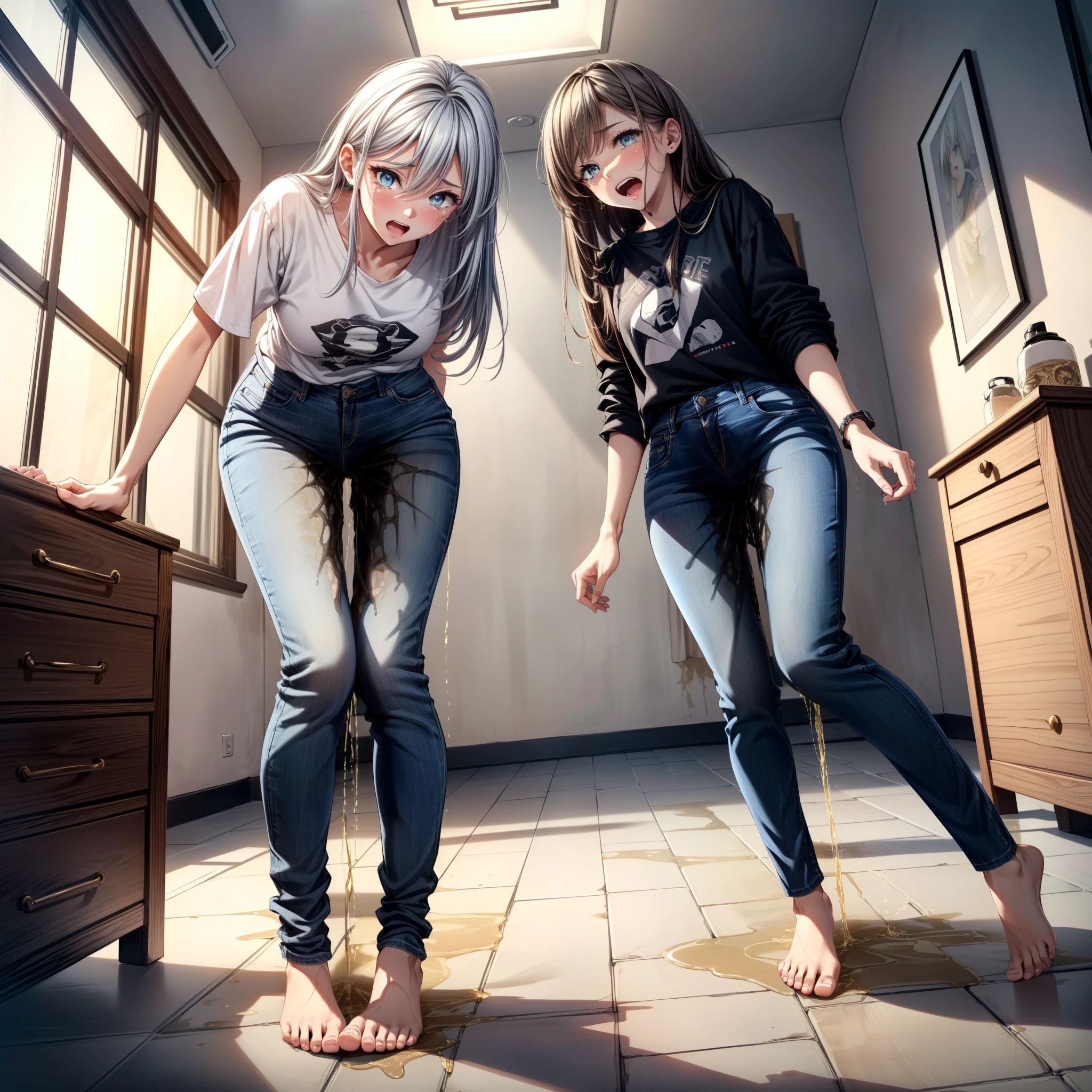 masterpiece, extremery magnificent view, perspective, extremery best quality, extremery detailed CG, 8k wallpaper, ultra high resolution, highly detailed face, highly detailed eyes, perfect anatomy, super detailed skin, not safe for work, (peeing self:1.8), (pee stain:1.8),
(dynamic angle, stading pose:1.2), indoors, bathroom, (have to pee), (legs focus, full body:1.4), (beautiful face, beautiful eyes, beautiful legs:1.3),
(3girls, 20-year-old, European woman) , blush, scared, panicking, crying, tears, open mouth, screaming, large breast, (((hands between legs))), skinny, wide hips, thin waist, (skinny jeans:1.4), (blue jeans:1.4), (((knees together feet apart))), (barefoot:1.2)