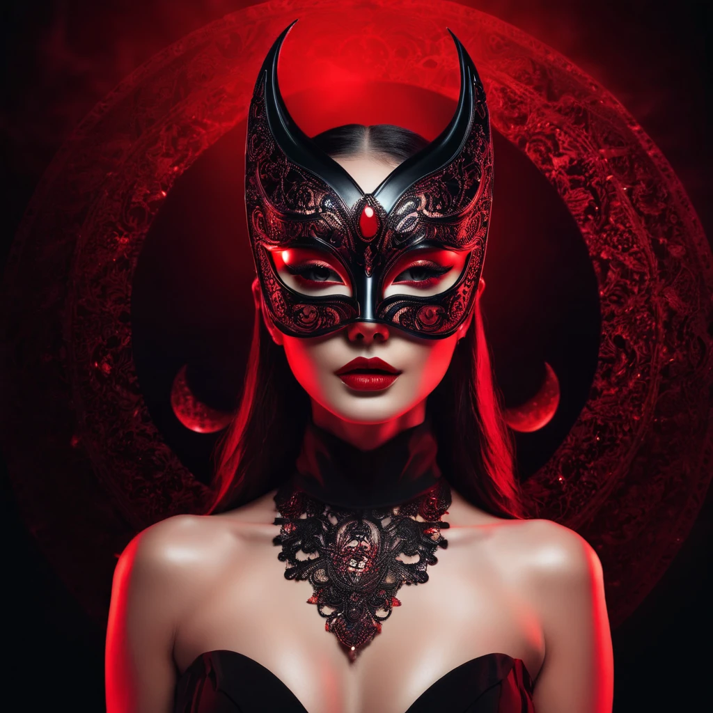 woman with a sensual mask, fashion sexy, black moon background, 8K, red light