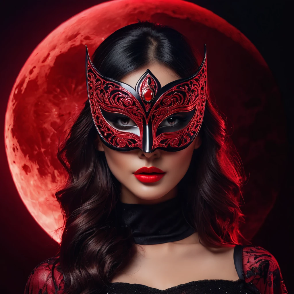 woman with a sensual mask, fashion sexy, black moon background, 8K, red light