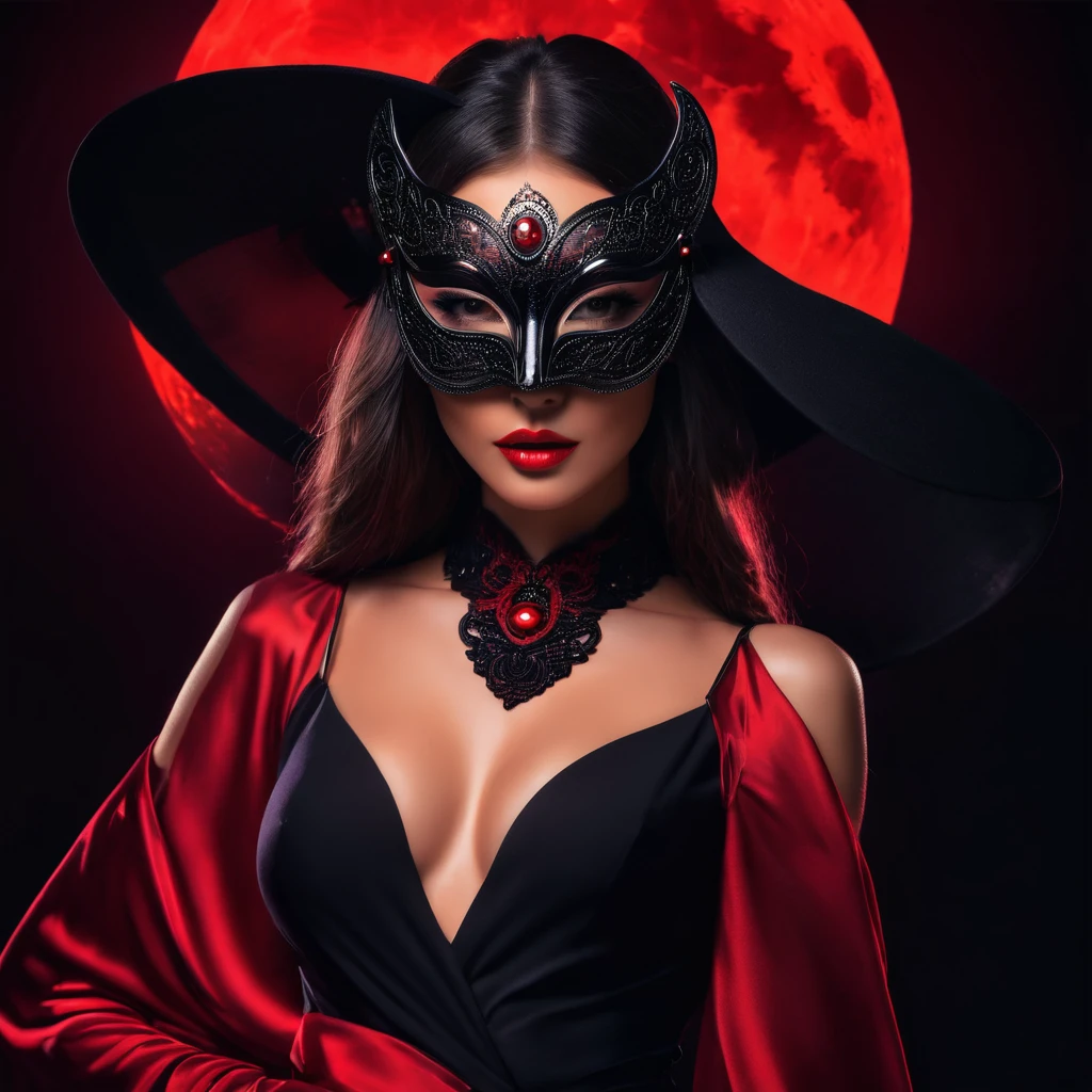 woman with a sensual mask, fashion sexy, black moon background, 8K, red light