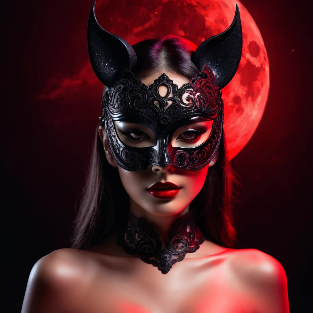 woman with a sensual mask, fashion sexy, black moon background, 8K, red light