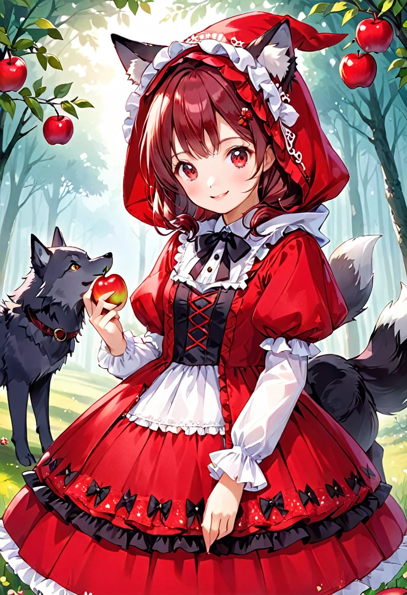fairy tale Little Red Riding Hood A cute girl wearing a cute red Lolita-style dress Adorable smile Red apple in hand Wolf witch