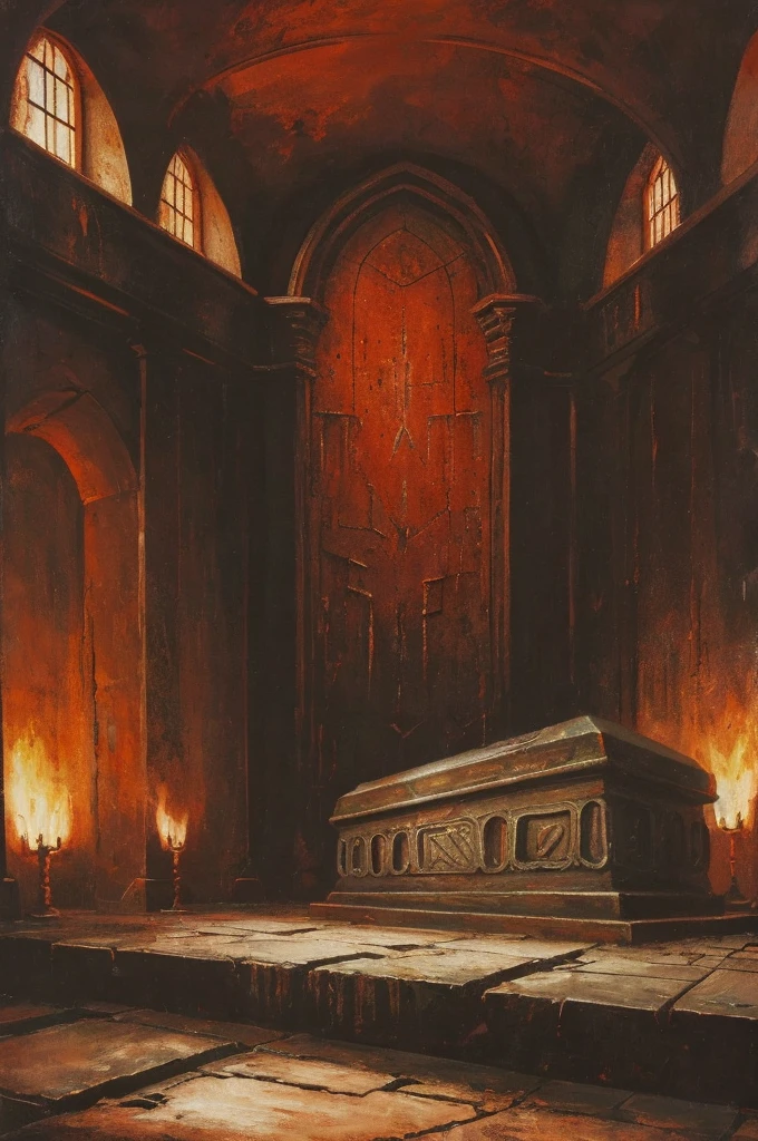 rusty daedric long bloody metal sarcophagus with a scratched image of a heaven on the metal surface, heaven is scratched with rough movements, many cracks and chips, dark black background, red ominous light, top view, view distance, few colours, distorted art, ghostly, the style of the 60s, dark castle room, emphasis on the shape of sarcophagus, oil painting