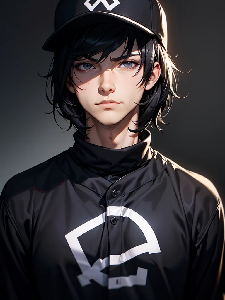 ((Portrait)), He has a Nonchalant, Black-Haired Appearance, with a Slim, Slightly Fit Build and Fair Skin. His Light Gray Eyes, Expresses an Indifferent and Lazy Look, Giving Off a Carefree Attitude. His Hair is Short and Tousled, with Uneven Bangs. He Wears an Oversized Black Sweatshirt, Accompanied by a Baseball Cap. ((Portrait, HDR, Dark Background))