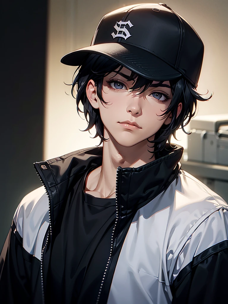 ((Portrait)), He has a Nonchalant, Black-Haired Appearance, with a Slim, Slightly Fit Build and Fair Skin. His Light Gray Eyes, Expresses an Indifferent and Lazy Look, Giving Off a Carefree Attitude. His Hair is Short and Tousled, with Uneven Bangs. He Wears an Oversized Black Sweatshirt, Accompanied by a Baseball Cap. ((Portrait, HDR, Dark Background))