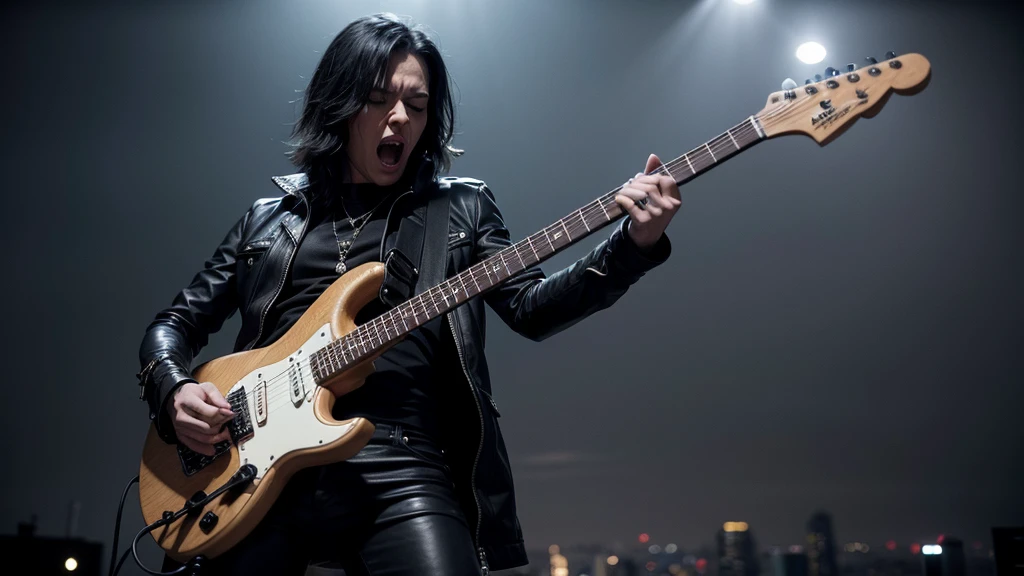 Image of a rock star dressed in black with rock clothes and accessories. He plays the electric guitar and screams on top of a skyscraper in a rainy night city. The image denotes movement. He is singing at the top of his voice, screaming loudly.