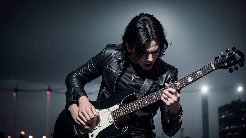 Image of a rock star dressed in black with rock clothes and accessories. He plays the electric guitar and screams on top of a skyscraper in a rainy night city. The image denotes movement. He is singing at the top of his voice, screaming loudly.