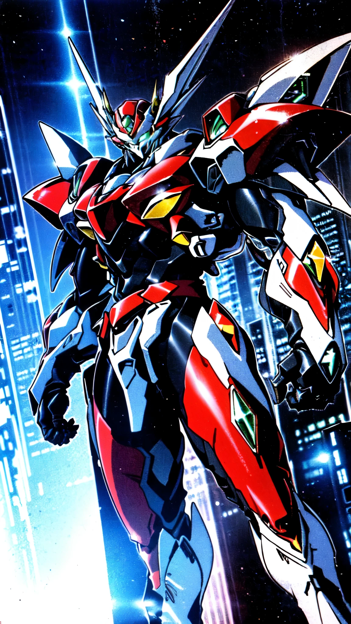(masterpiece:1.5, best quality:1.5, extremely delicate:1.5, foreshortening:1.5, dynamic angle:1.5), a man wearing a full-face helmet, a fantasy-style biotech armored combat suit, green eyes, (a composite layered chest armor), fully enclosed shoulder guards, matching arm and leg guards, the belt is adorned with neon circuitry, (the color scheme is primarily red with white green accents), the design balances heavy with agility, a high-tech bio-mecha armor, (Armor Concept Inspired by neon Cyberpunk, stand on the top of a skyscraper in a futuristic sci-fi city), this character embodies a finely crafted fantasy-surreal style armored hero in anime style, exquisite and mature manga art style, (element, plasma, energy, the armor glows), ((male:1.5)), metallic, high definition, highres, ultra-detailed, ultra-fine painting, professional, perfect body proportions, golden ratio, anatomically correct, symmetrical face, extremely detailed eyes and face, high quality eyes, creativity, RAW photo, UHD, 32k, Natural light, cinematic lighting, masterpiece-anatomy-perfect