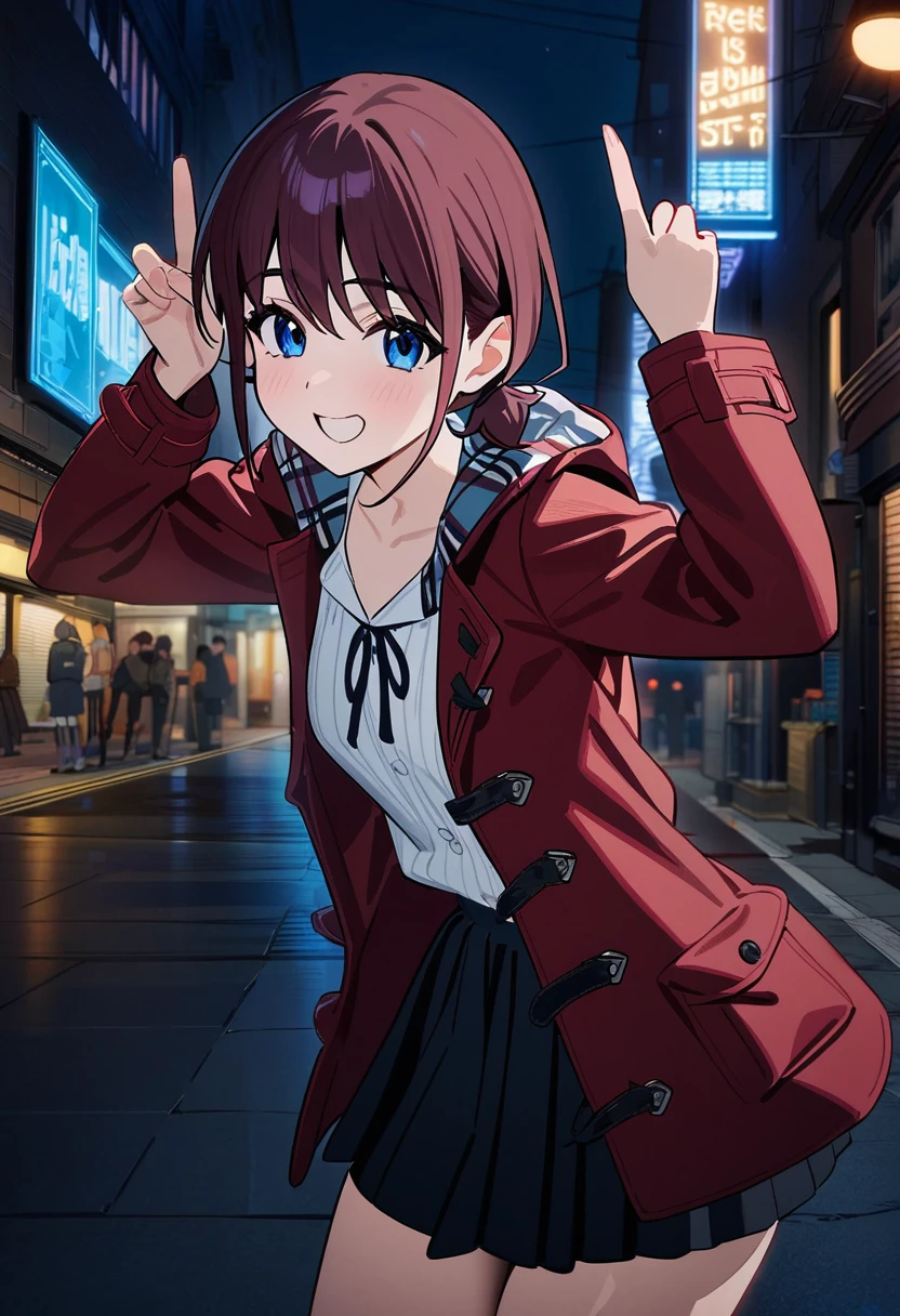 A girl,iseri nina, with a smiling face, wearing a white shirt, a strap tie, a red duffle coat, and a skirt. The woman is standing with both hands raised, showing middle fingers, night street at downtown, 
masterpiece, newest, absurdres,