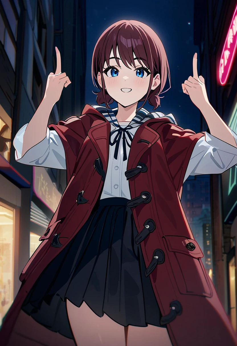 A girl,iseri nina, with a smiling face, wearing a white shirt, a strap tie, a red duffle coat, and a skirt. The woman is standing with both hands raised, showing middle fingers, night street at downtown, 
masterpiece, newest, absurdres,