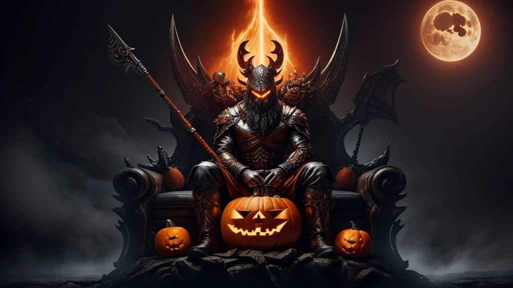 (ultra high quality) (4k) (perfect details) A Monster with a pumpkin head sitting on a throne, he is surrounded by immense darkness where nothing can be seen other than the fog, he has an Orange staff that has so much power, that only he is able to hold