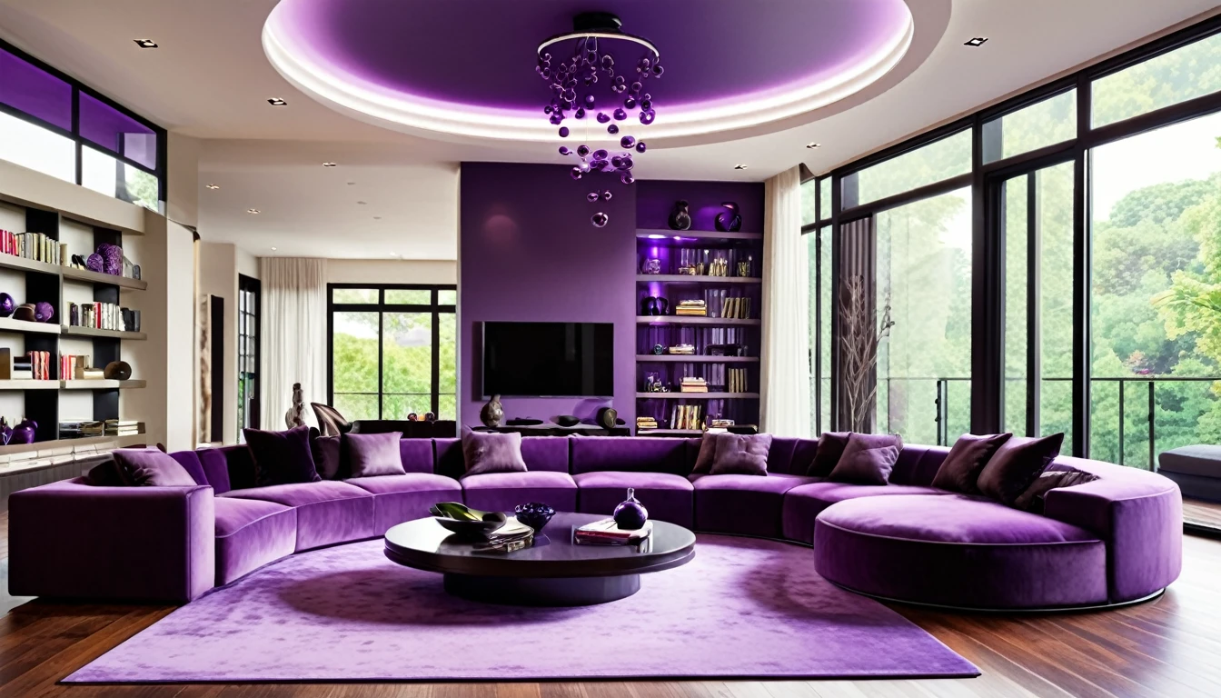 Design a luxurious and modern purple living room with high ceilings and a sophisticated aesthetic. The room features a large sectional purple sofa with a mix of purple neutral and dark pillows, a stylish round coffee table, and a sleek entertainment center with built-in shelving. The space is illuminated by elegant purple circular pendant lights hanging from the ceiling. Large floor-to-ceiling windows allow natural purple light to flood the room, highlighting the contemporary decor and creating an inviting purple atmosphere. Add a few decorative items and books on the shelves to enhance the sophisticated feel.