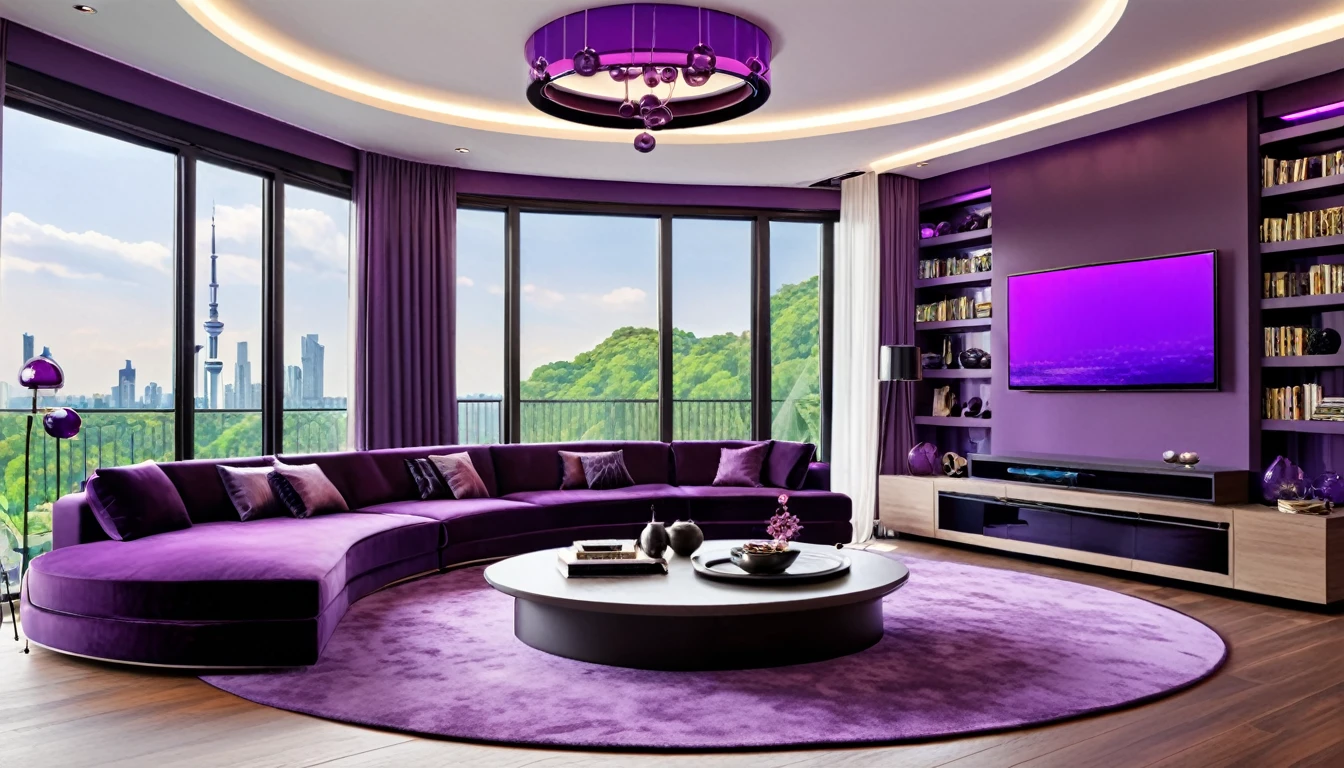 Design a luxurious and modern purple living room with high ceilings and a sophisticated aesthetic. The room features a large sectional purple sofa with a mix of purple neutral and dark pillows, a stylish round coffee table, and a sleek entertainment center with built-in shelving. The space is illuminated by elegant purple circular pendant lights hanging from the ceiling. Large floor-to-ceiling windows allow natural purple light to flood the room, highlighting the contemporary decor and creating an inviting purple atmosphere. Add a few decorative items and books on the shelves to enhance the sophisticated feel.