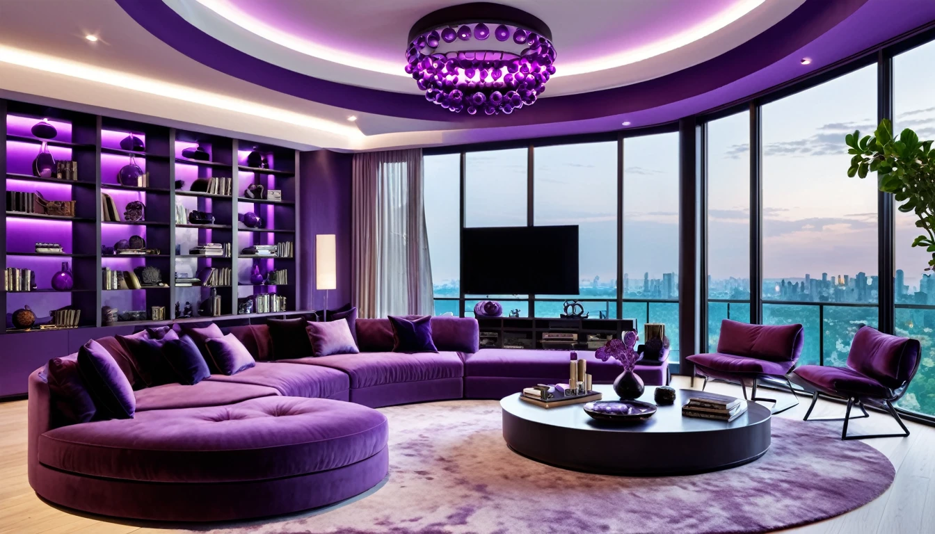 Design a luxurious and modern purple living room with high ceilings and a sophisticated aesthetic. The room features a large sectional purple sofa with a mix of purple neutral and dark pillows, a stylish round coffee table, and a sleek entertainment center with built-in shelving. The space is illuminated by elegant purple circular pendant lights hanging from the ceiling. Large floor-to-ceiling windows allow natural purple light to flood the room, highlighting the contemporary decor and creating an inviting purple atmosphere. Add a few decorative items and books on the shelves to enhance the sophisticated feel.