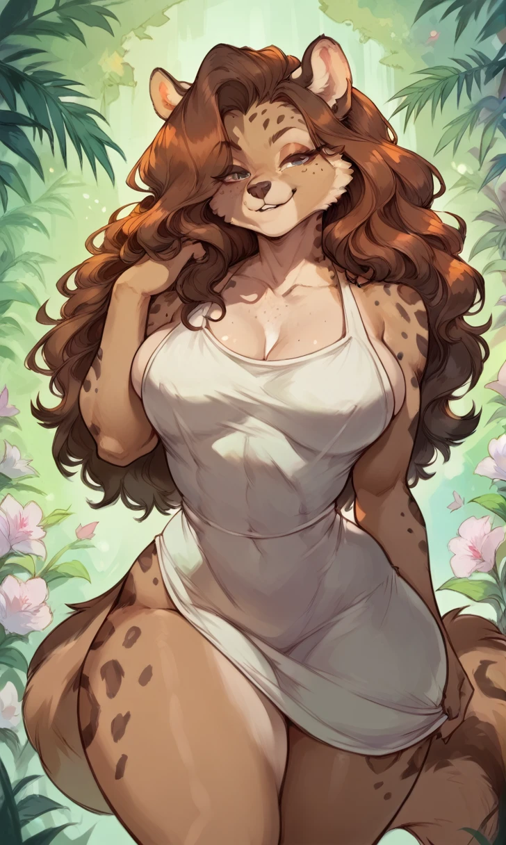 female anthro Snow leopard,Brown long fluffy hair, fluffy hair, squirrel ears, hyena, big breasts, attractive, summer dress, thicc body, thicc body, thicc, freckles, freckles on face, neutral expression, smug eyes, she is standing (thick thighs:1.5) focus on butt,