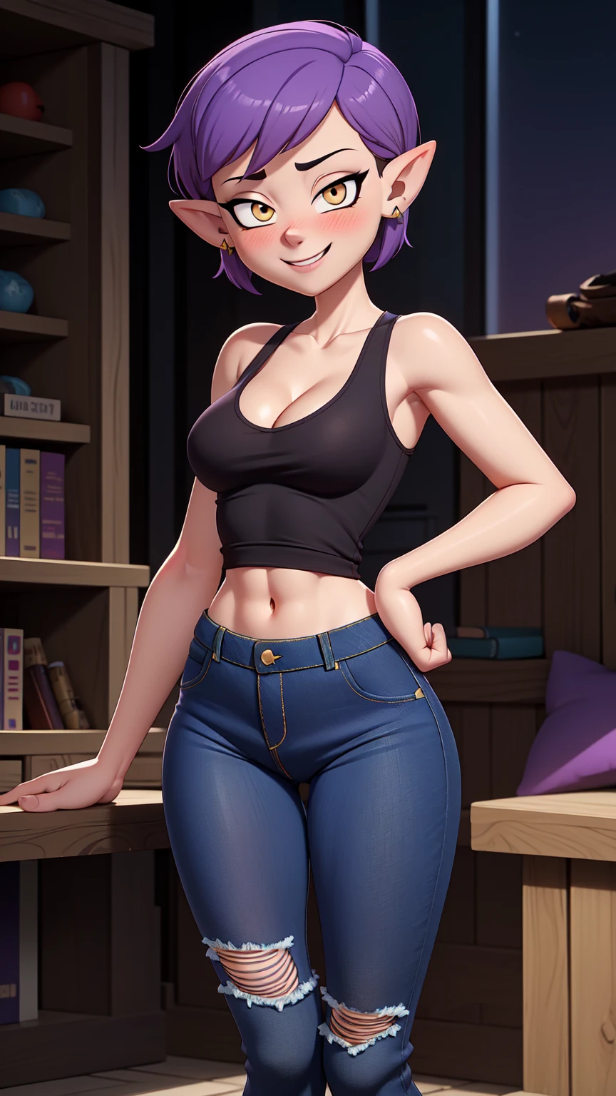 (masterpice, best quality), AmityBlight, short height, young, makeup, black earrings, yellow eyes, short hair, (purple hair:1.4), pointed ears, (((tank top))), small breasts, (((cleavage))),amulet, (((tight jeans))) , standing, looking at viewer, seductive smile, naughty face, nose blush