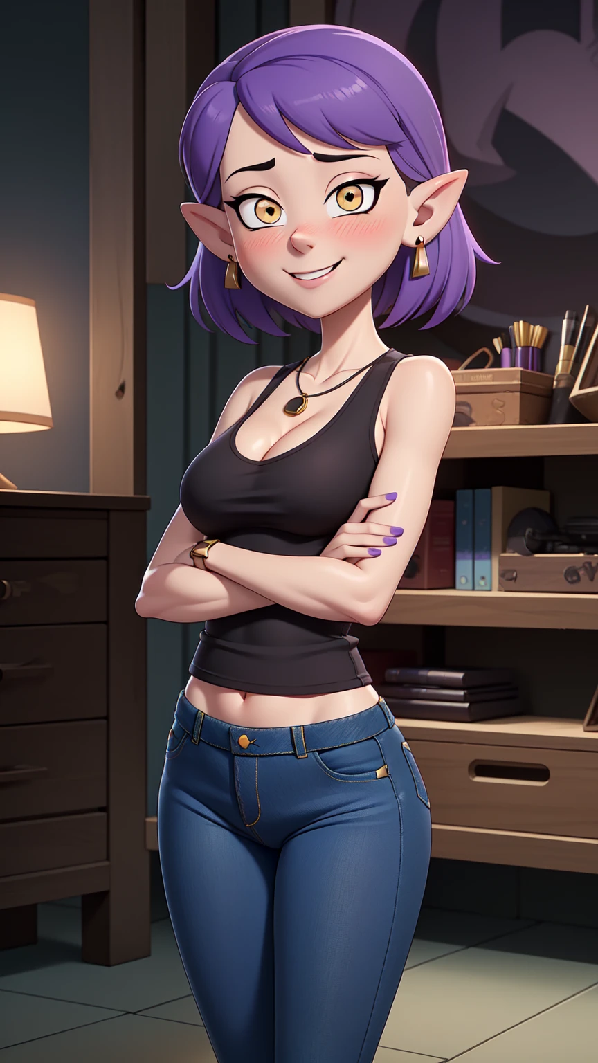 (masterpice, best quality), AmityBlight, short height, young, makeup, black earrings, yellow eyes, short hair, (purple hair:1.4), pointed ears, (((tank top))), small breasts, (((cleavage))),amulet, (((tight jeans))) , standing, looking at viewer, seductive smile, naughty face, nose blush