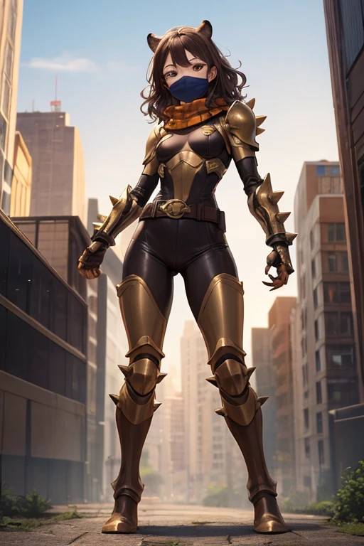 ((best quality)), ((masterpiece)), (detailed), 1 girl, full body, 20s, young adult, eye mask, brown mask covering half of her face, spiked mask, evil smile, metallic goblin ears, long white scarf, gremlin, wavy brown hair with a lock, brown neck, somewhat short, very thin, hunched over, long metal claws, spikes on her forearms, brown details, brown fingerless gloves, brown wristbands, brown nanotech suit, light armor, brown chest with an emblem, high shoulder pads, brown suit with brown stripes, brown tiger stripes, triangular emblem on chest, very small breasts, blue emblem, orange pants, brown knee pads, metallic brown boots, metallic brown shoes, brown superhero belt, standing on a building, city background, anime, next to a large round robot