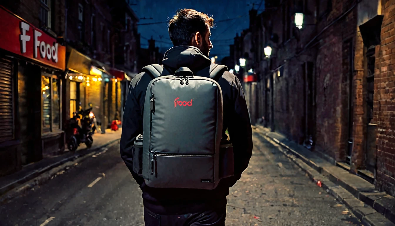 Ifood delivery man, large Ifood thermal backpack on his back, he has his back to the camera, right corner of the screen, sinister night, dark street, suspenseful atmosphere