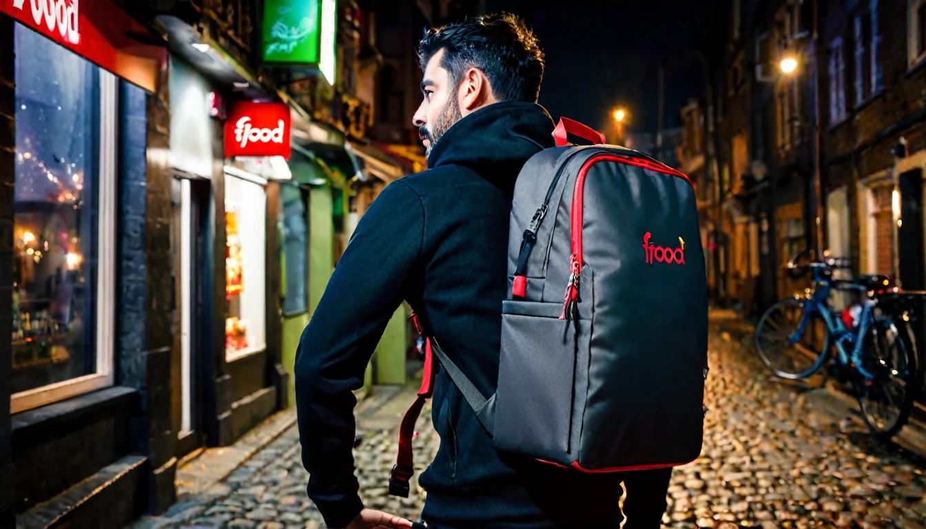 Ifood delivery man, large Ifood thermal backpack on his back, he has his back to the camera, right corner of the screen, sinister night, dark street, suspenseful atmosphere