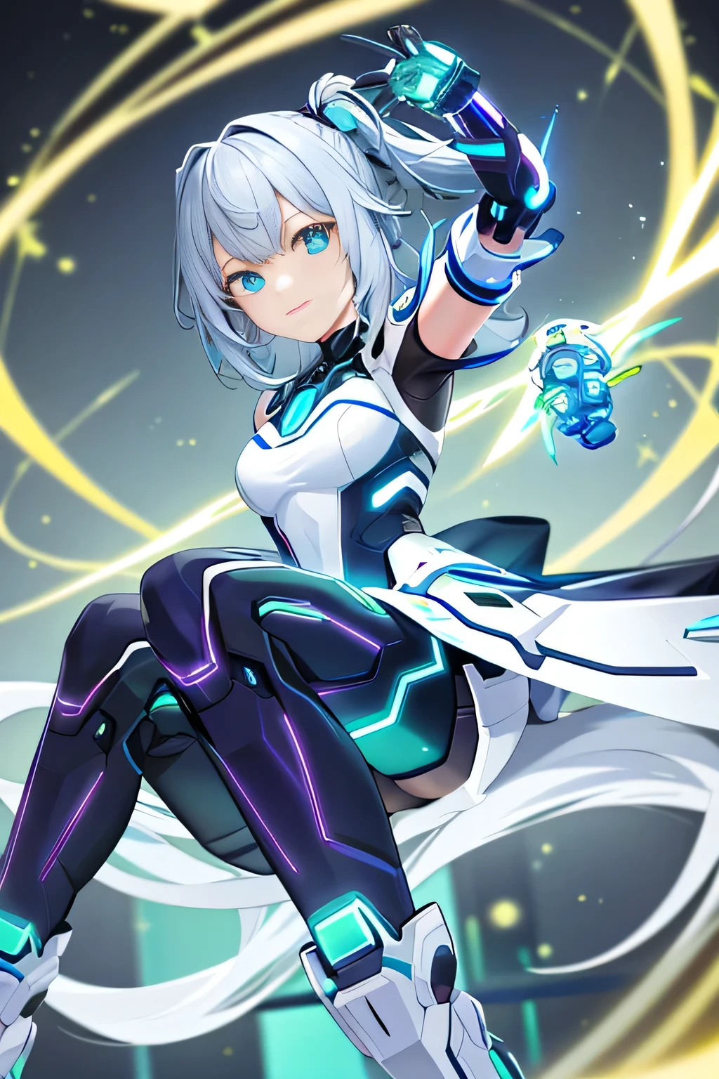 Glowing cyber girl with cybernetic arm,(J Women's Uniform,Sailor suit,White Skirt,)Standing in a post-apocalyptic battlefield.Surrounded by a network of wires. surrounded by circuits. (Cyber Girl with a glowing orange sword:1.3), Shiny Silver Short Hair,Messy ponytail,Cute Smile,Perfect round face,Iris,A bright smile that makes everyone happy,Proper body balance,Intricate details,Very delicate and beautiful hair,Photo Real,dream-like,Professional Lighting,Realistic Shadows,Focus Only,Beautiful Hands,Beautiful fingers,Detailed finger features,Detailed clothing features,Detailed hair features,Detailed facial features,(Tabletop,Highest quality,Ultra-high resolution output images,) ,(8K quality,),(Picture Mode Ultra HD,),(Picture Mode Ultra HD),,Sci-fi fantasy