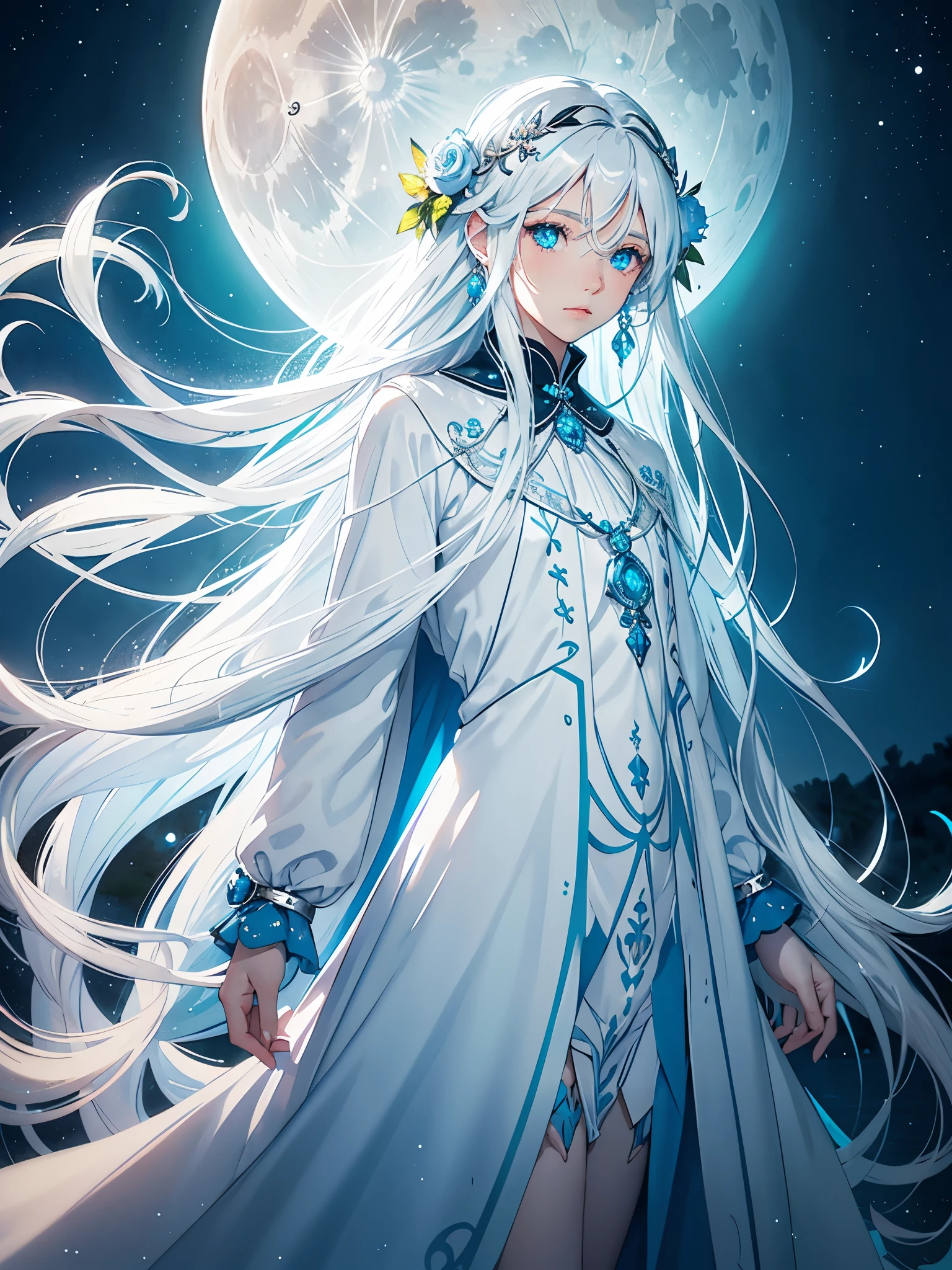 Light blue flowers. Long hair. long white hair. aquatic, boy, Goddess of the Moon, silver hair accessories, White hair, White dress, cape, at night, saturated colors, light eyes, bright, light blue light, blue eyes, Jewelry silver, bluish light, Full moon in the background, aquatic in der Luft rosa kerzen