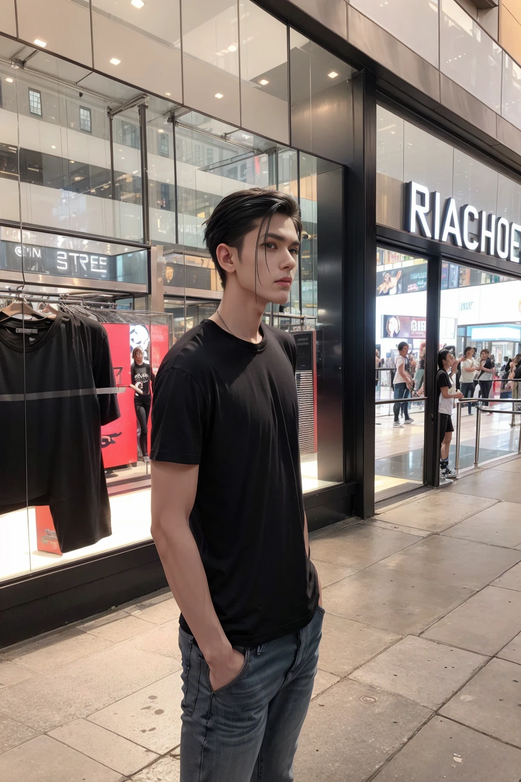 a model, wearing a slim black t-shirt and jeans, white sneakers, posing in front of time square, male skull, face with defined jaw and wide chin