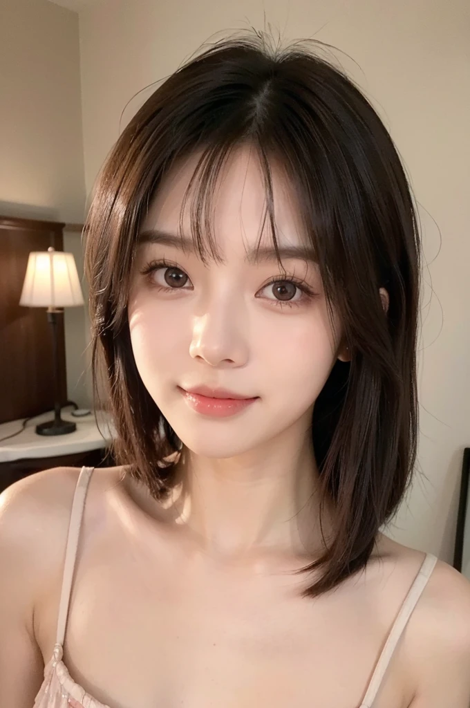 (((Straight, shoulder-length, brown mini bob)))、(((目が細くLight eye makeup)))、((Her Room)), Half Japanese and half Korean、25-year-old woman、independent、cute,beautiful, fun、(((Embarrassing, blush))), Light eye makeup、Brown Hair Color, 平均的なbeautiful女性, Ultra-realistic faces、smileの表情、look up、Detailed glossy hair, beautiful髪,Pleasant lighting effects、 Ultra-Realistic Capture、Very detailed、High resolution 16k human skin closeup、((Natural skin texture, Detailed skin、Healthy Skin)), Even Tone, Natural light, Natural Color、High quality photos taken by modeling agencies, To the audience:, smile