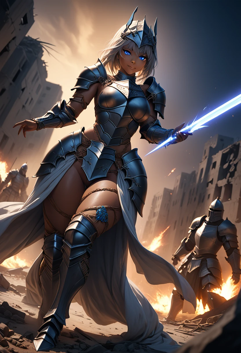 (masterpiece, top quality, best quality, beautiful and aesthetic:1.2), full body, SFW, extremely detailed, detailed eyes, detailed hands, cinematic light, depth of field, 1girl, seducing smile, solo, official, (armored knight:1.4), dark armor, zenobia, silver hair, blue eyes, , tanned, tan skin, slim body, cinematic lighting, dramatic lighting, dramatic atmosphere, hyper-realistic, high resolution, stunning contrast, high quality, best quality, 8k, 4k, intricately detailed, (amazing details:1.2), highly detailed skin, powerful presence, vibrant colors, (detailed eyes:1.2), striking eyes, (detailed background), (warzone on background, night, ruins), (dynamic angle:1.2), (dynamic pose:1.2)