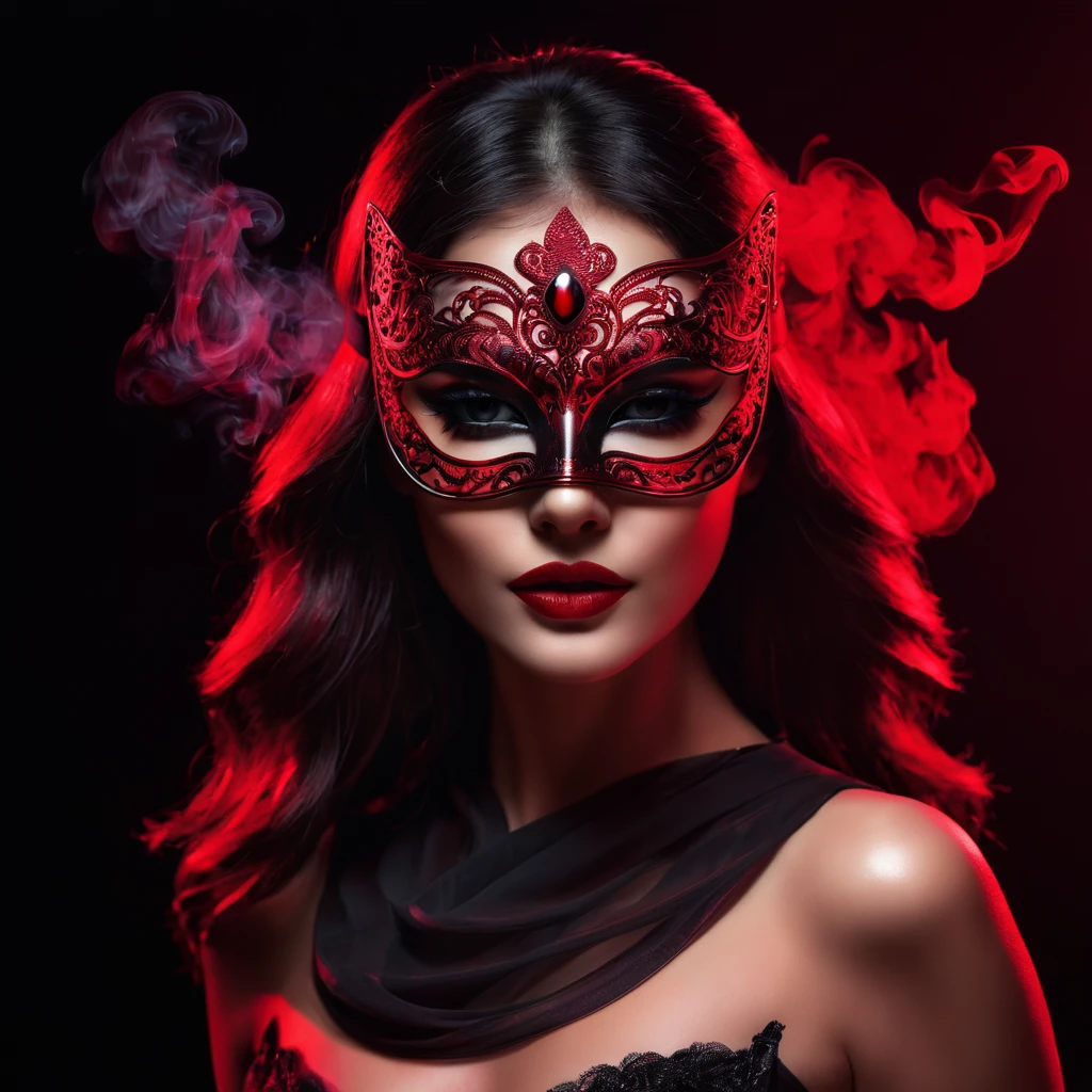 woman with a sensual mask, fashion sexy, black background, 8K, red light, smoke