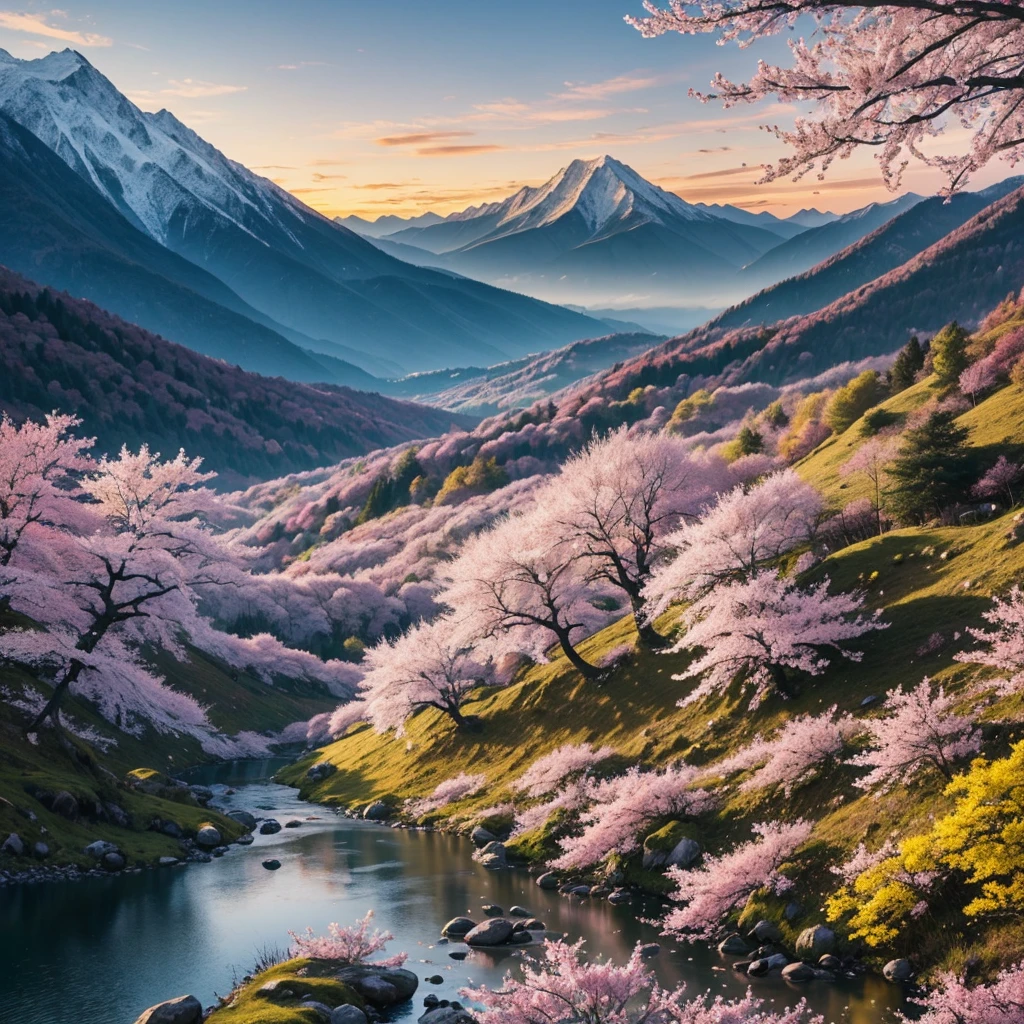 deep forest, distant mountains, birds flying. two-dimensional style, bright and vibrant, Cherry blossoms cover the mountainside, the sunrise can be seen in the distance, a stream meanders, there are some daffodils on the bank, the sunrise