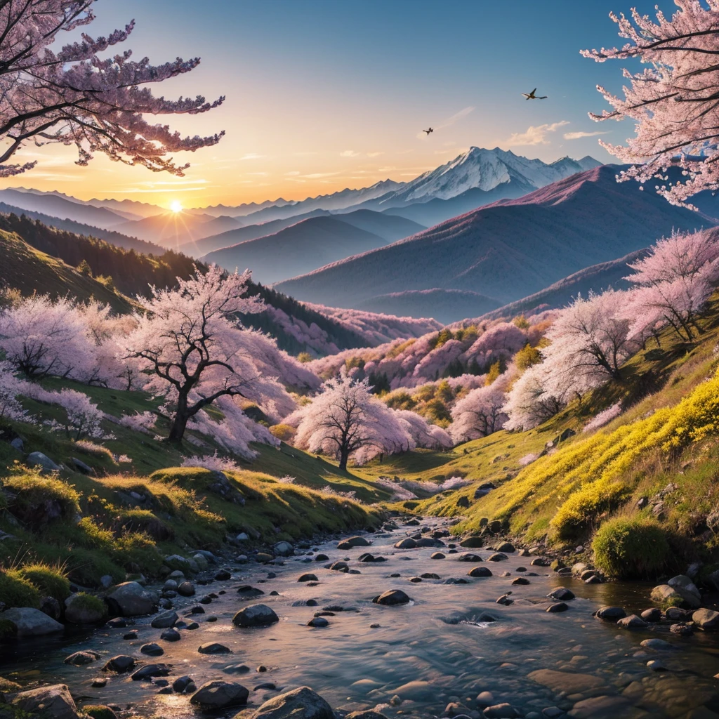 deep forest, distant mountains, birds flying. two-dimensional style, bright and vibrant, Cherry blossoms cover the mountainside, the sunrise can be seen in the distance, a stream meanders, there are some daffodils on the bank, the sunrise