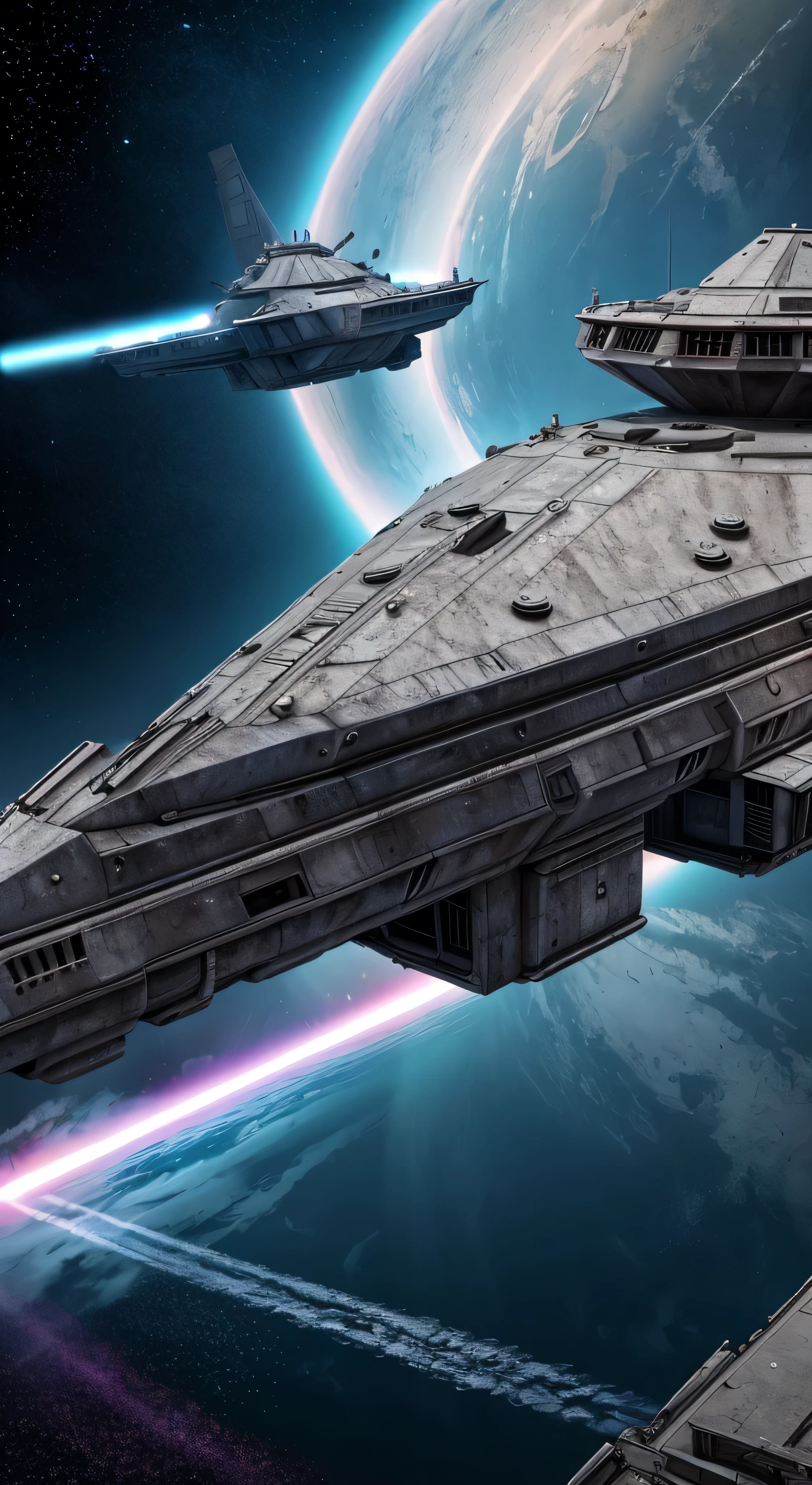 with high definition images，A scene from a movie，A powerful scene from Star Wars where a Star Destroyer is under attack