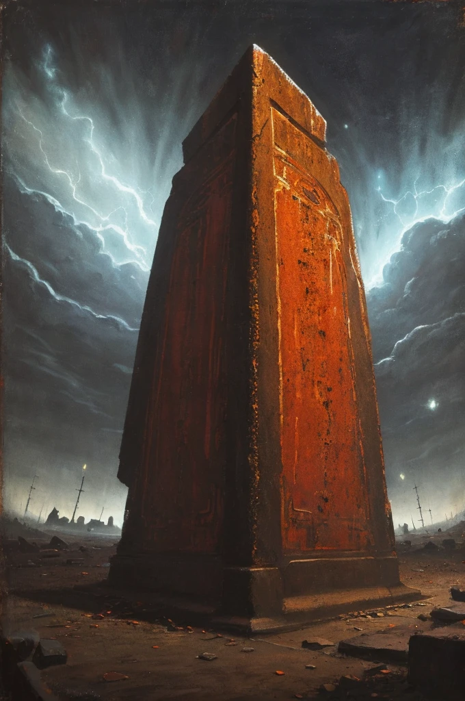 rusty daedric long bloody metal sarcophagus with a scratched image of a heaven on the metal surface, heaven is scratched with rough movements, many cracks and chips, dark black background, red ominous light, top view, view distance, few colours, distorted art, ghostly, the style of the 60s, dark castle room, emphasis on the shape of sarcophagus, oil painting