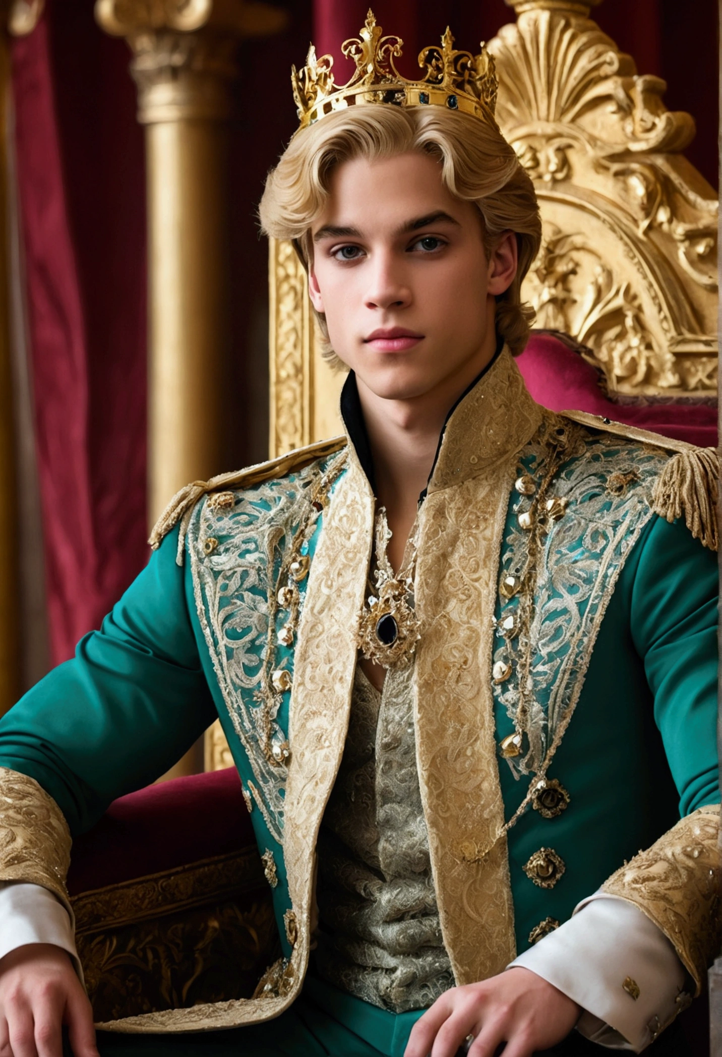 determinados, Here is an image for a realistic portrait of a prince:

A realistic portrait of a young and handsome prince, 18-years old. He has blonde hair and black eyes, and is wearing a formal princely costume. He's sitting on a throne. The background is a luxurious throne room, with golden walls and carved columns.