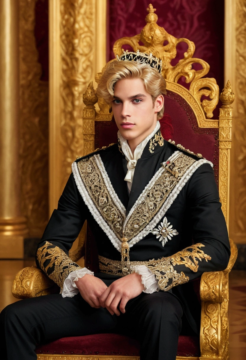 determinados, Here is an image for a realistic portrait of a prince:
A realistic portrait of a young and handsome prince, 18-years old. He has blonde hair and black eyes, and is wearing a formal princely costume. He's sitting on a throne. The background is a luxurious throne room, with golden walls and carved columns.