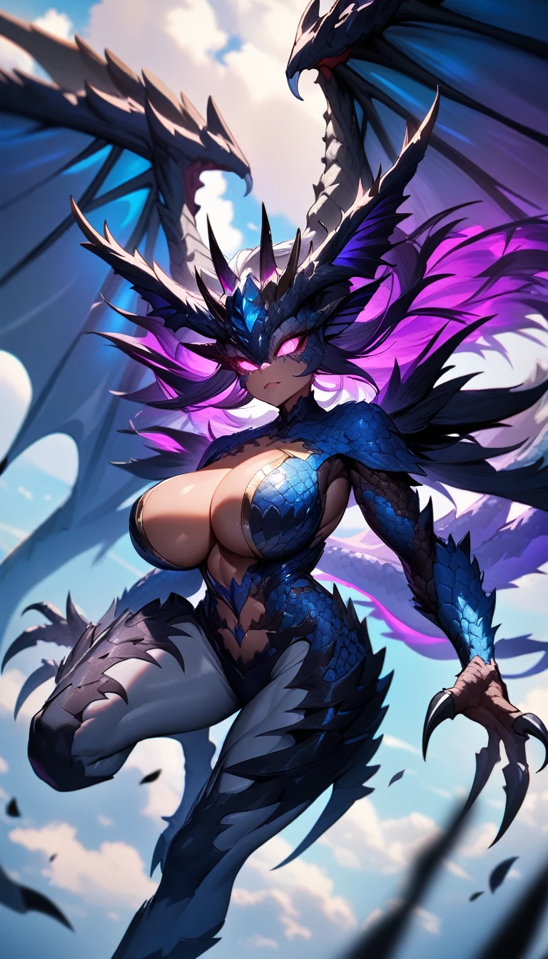 1girl,solo,super detailed skin,shiny skin,expressionless,majestic dragon wings,multicolored skin,scaly skin,devil girl,glowing eyes,detailed eyes,eyelashes,lips gloss,claws,large breasts,beautifully shaped breasts,vibrant colors ,flying ,wide shot,cloud focus,masterpiece,best quality,ultra detailed,high resolution,sharp focus,depth of field