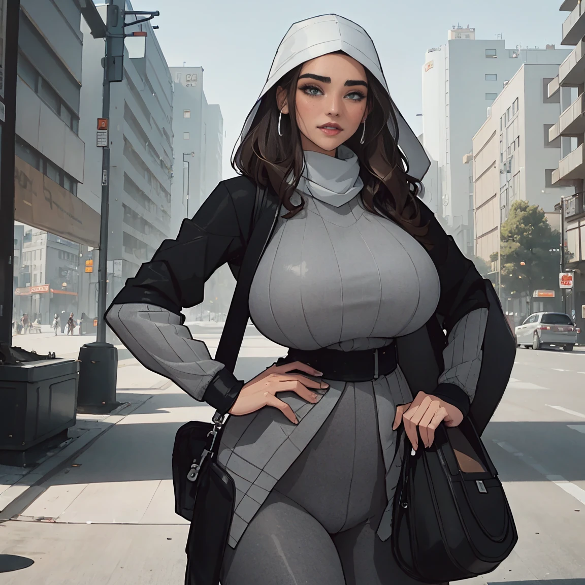 Extremely busty thin and toned brunette photographer, college girl, fair skin, loose side sweep, soft face, athletic, bandana babushka headwrap, long oversized tight grey long-sleeve (pullover) top, (black leggings). standing in front of her apartment building, outdoors, city, camera bag,