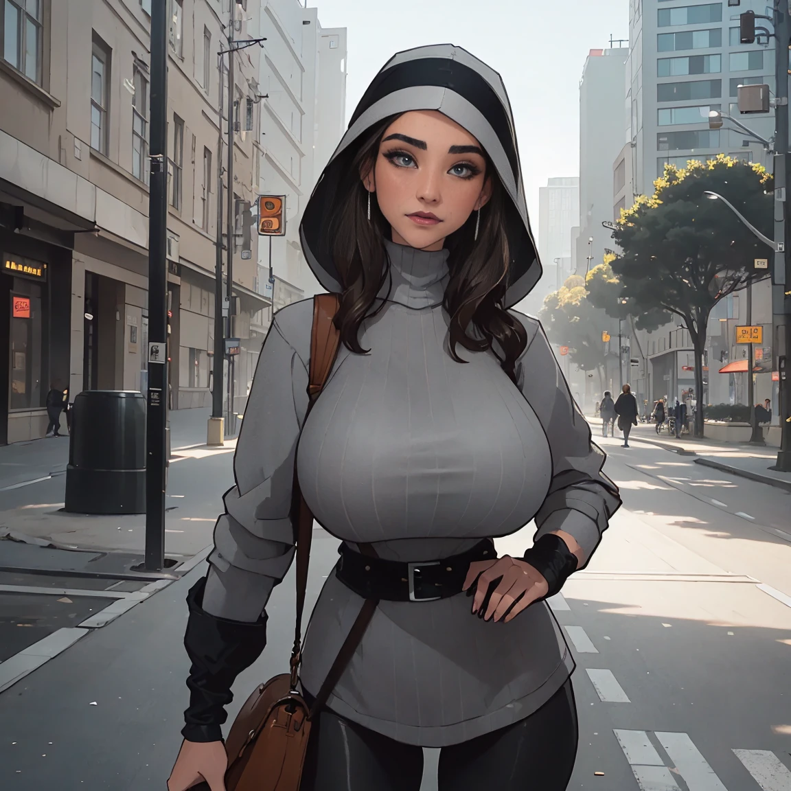Extremely busty thin and toned brunette photographer, college girl, fair skin, loose side sweep, soft face, athletic, bandana babushka headwrap, long oversized tight grey long-sleeve (pullover) top, (black leggings). standing in front of her apartment building, outdoors, city, camera bag,