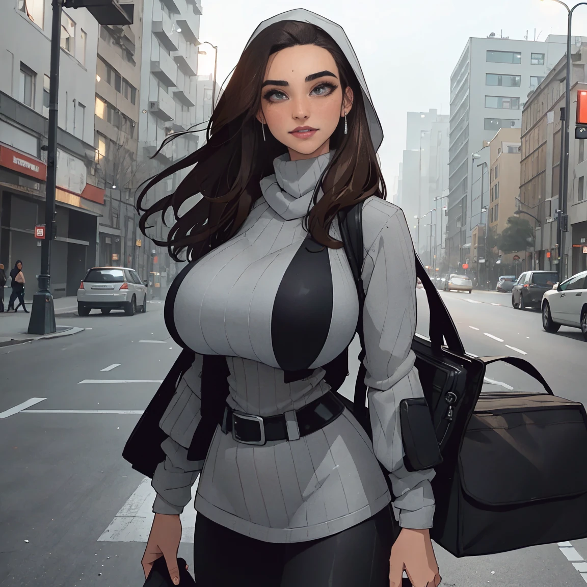 Extremely busty thin and toned brunette photographer, college girl, fair skin, loose side sweep, soft face, athletic, bandana babushka headwrap, long oversized tight grey long-sleeve (pullover) top, (black leggings). standing in front of her apartment building, outdoors, city, camera bag, 