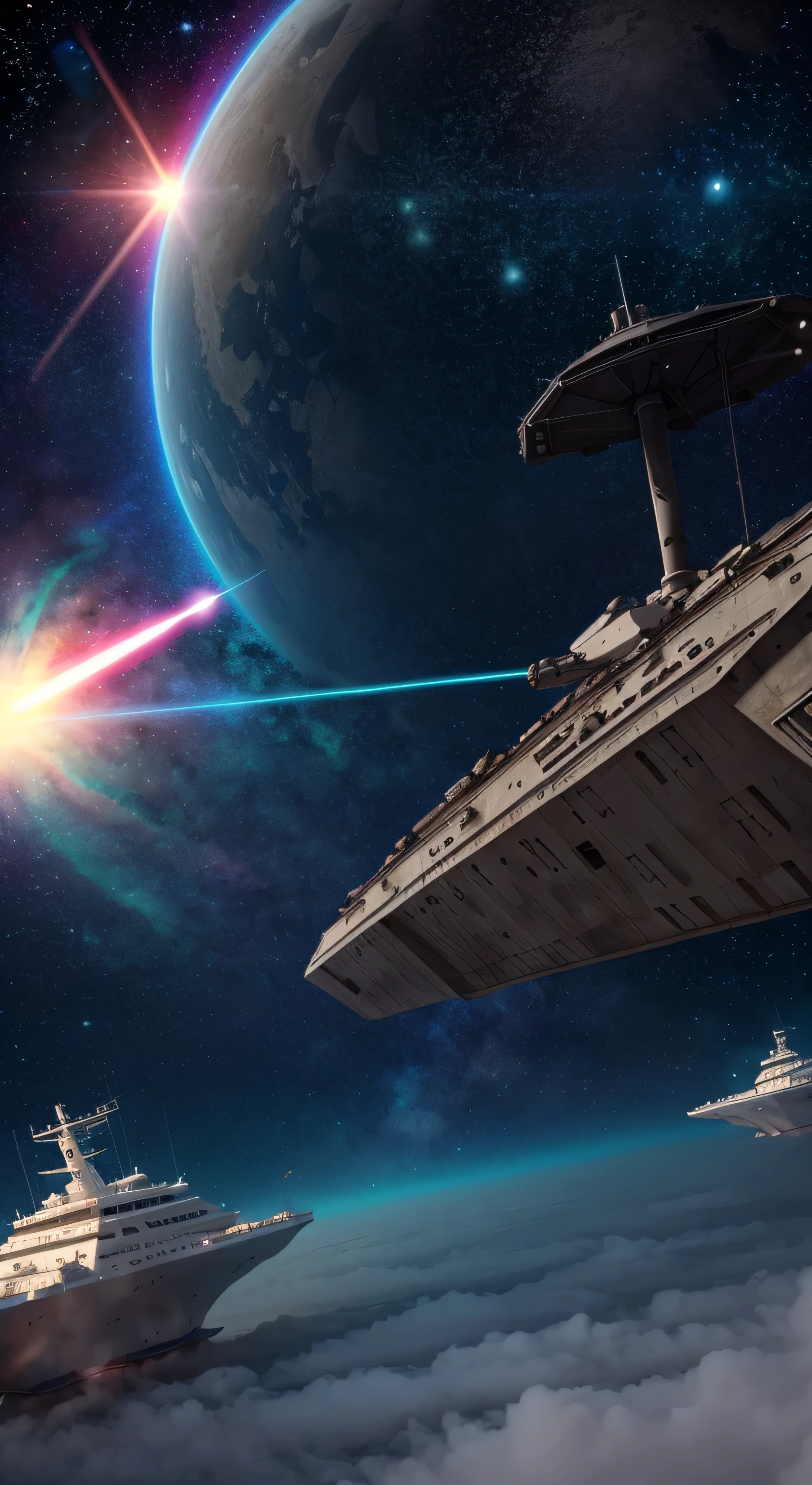 with high definition images，A scene from a movie，A powerful scene from Star Wars where a Star Destroyer is under attack