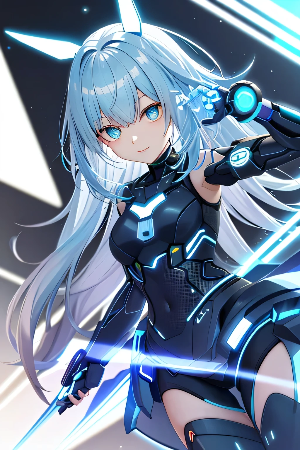 Glowing cyber girl with cybernetic arm,(J Women&#39;s Uniform,Sailor suit,White Skirt,)Standing in a post-apocalyptic battlefield.Surrounded by a network of wires. surrounded by circuits. (Cyber Girl with a glowing orange sword:1.3), Shiny Silver Short Hair,Messy ponytail,Cute Smile,Perfect round face,Iris,A bright smile that makes everyone happy,Proper body balance,Intricate details,Very delicate and beautiful hair,Photo Real,dream-like,Professional Lighting,Realistic Shadows,Focus Only,Beautiful Hands,Beautiful fingers,Detailed finger features,Detailed clothing features,Detailed hair features,Detailed facial features,(Tabletop,Highest quality,Ultra-high resolution output images,) ,(8K quality,),(Picture Mode Ultra HD,),(Picture Mode Ultra HD),,Sci-fi fantasy