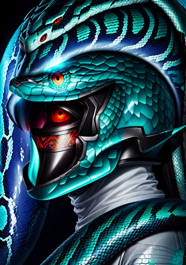 Helmet Large snake head with eyes on fire, indigenous human face, teal scales, human eyes on fire