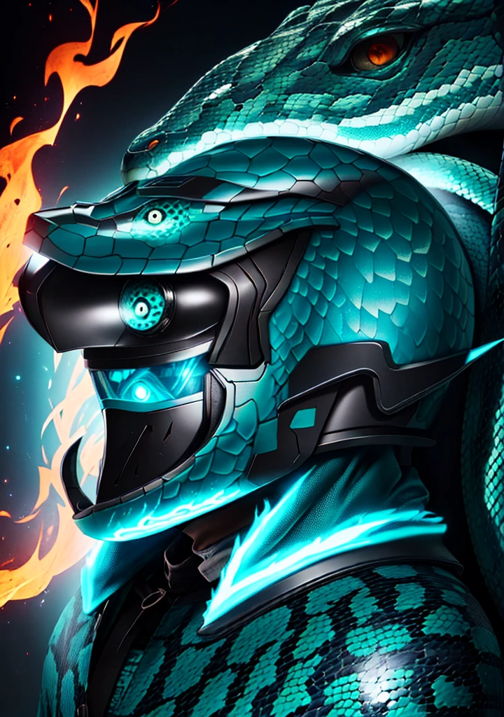 Helmet Large snake head with eyes on fire, indigenous human face, teal scales, human eyes on fire
