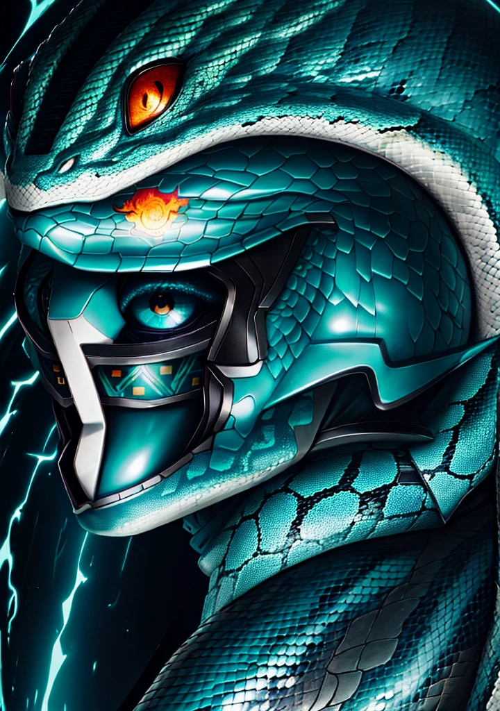 Helmet Large snake head with eyes on fire, indigenous human face, teal scales, human eyes on fire