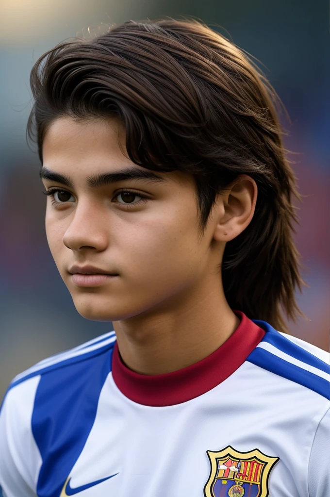 Create an image to use as a profile photo of a 17-year-old man with Mexican features wearing a Fútbol Club Barcelona t-shirt, make her as realistic as possible so she looks like a real person