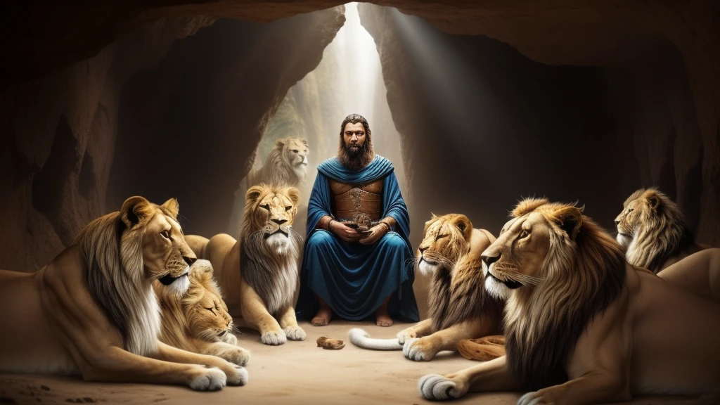 a photo of a man in a cave sitting in front of a group of Lions, god of cats, king of kings, Lions, backstory: Cave with Lions, epic biblical representation, Senhor das Bestas, god looking at me, Directed by: Howard Lyon, Senhor da Selva, bible illustration, biblical image, Directed by: Leonard Long, jungle king, prophetic art